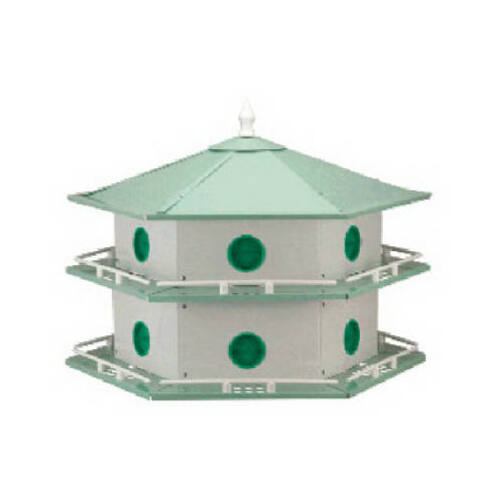 Bird House, 12 in W, 6 in D, 14 in H, Hexagon, Aluminum, Light Green/White