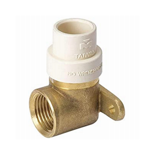 Drop Ear Pipe Elbow, 1/2 in, FIP x Solvent, 90 deg Angle, Brass/CPVC