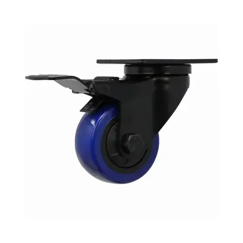 Swivel Caster with Brake, 3 in Dia Wheel, TPU Wheel, Black/Blue, 225 lb