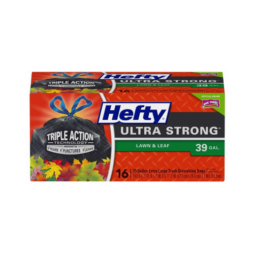 Hefty E87915 Ultra Strong Heavy-Duty Drawstring Lawn & Leaf Bags, Black, 16-Ct., 39-Gal.