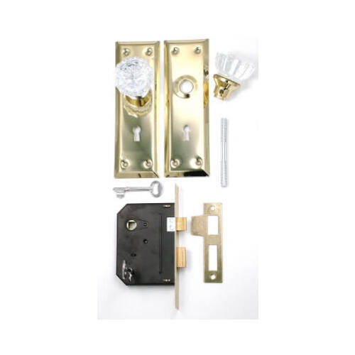 Door Knob & Mortise Lock Combo, Brass-Plated Steel & Glass Knobs