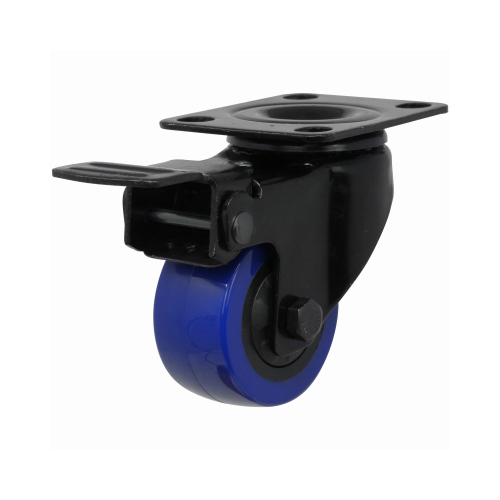 Swivel Caster with Brake, 2 in Dia Wheel, TPU Wheel, Black/Blue, 135 lb