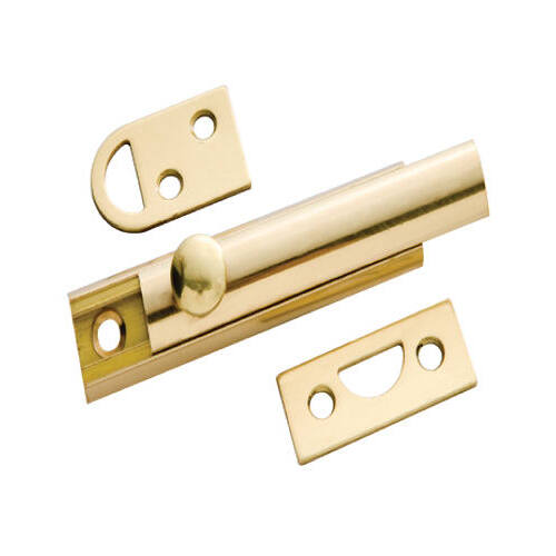 Door Surface Bolt, 2 Keepers, Brass, 3-In.