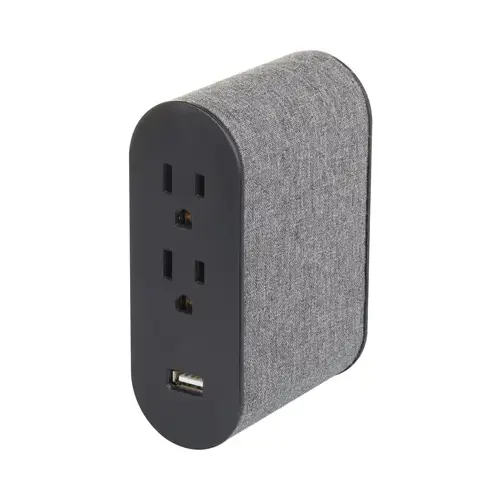 Wall Tap Surge Protector, 4 Outlets, 2 USB, Gray Fabric Cover