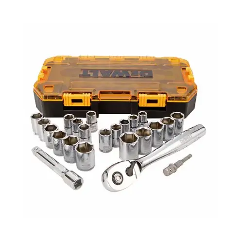 Socket Set, 23-Pc, 1/2 in Drive, 6-point, SAE/Metric, Stackable Case Chrome