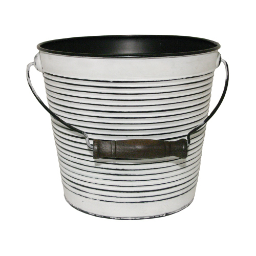 Planter With Handle, Rustic White Ribbed Metal, 10-In.