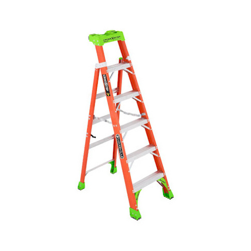 Cross Step Ladder, 124 in Max Reach H, 6-Step, 300 lb, Type IA Duty Rating, 3 in D Step, Fiberglass