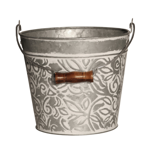 Planter With Handle, White Wash Floral Metal, 8-In.