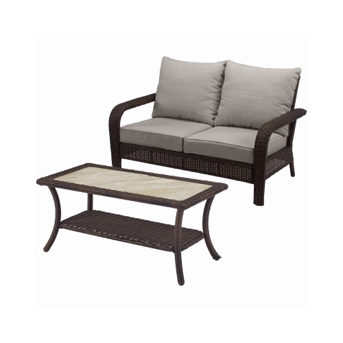 Montego Bay Patio Loveseat & Coffee Table, Ivory & Wicker Brown