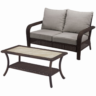 Four Seasons Courtyard 545.0150.000 Montego Bay Patio Loveseat & Coffee Table, Ivory & Wicker Brown