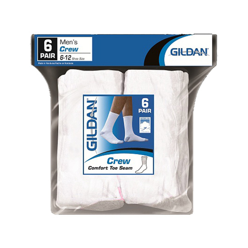 Gildan 1048596 Men's Crew Socks, White pack of 6