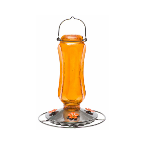 Bird Feeder, Carnival Glass Vintage, 16 oz, 4-Port/Perch, Glass, Orange, 11-3/4 in H