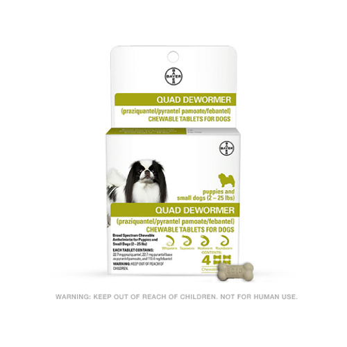 BAYER 00724089113351 Chewabale Quad Dewormer Tablets for Small Dogs 2-25-Lbs., 4-Pk.