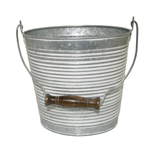 Robert Allen MPT01762 Planter With Handle, White Wash Ribbed Metal, 10-In.