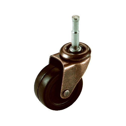 Wheel Caster, Black Soft Rubber With Copper Finish, Wood Stem, 2-In