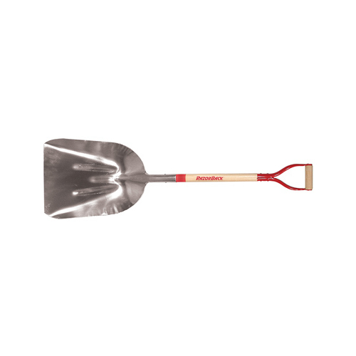 Scoop Shovel, 15 in W Blade, Aluminum Blade, Wood Handle, D-Shaped Handle, 44-3/4 in OAL