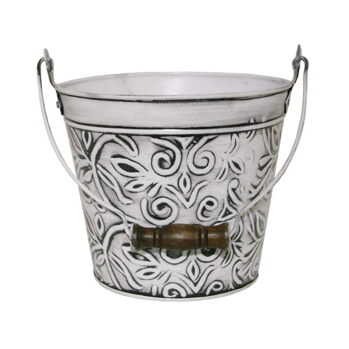 Robert Allen MPT01628 Floral Metal Planter With Handle, Rustic White, 8-In.
