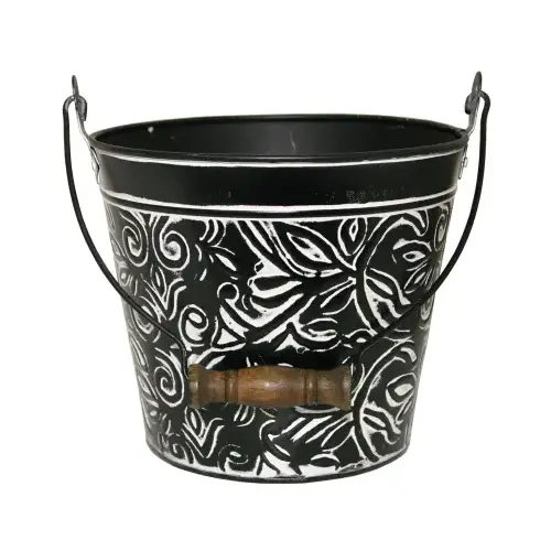 Planter With Handle, Charcoal Floral Metal, 12-In.