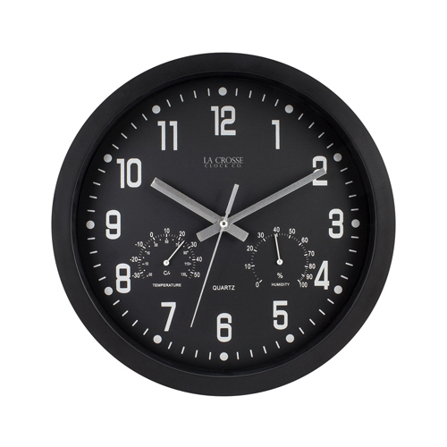 Quartz Wall Clock, Black, With Temp/Humidity, 12 In.