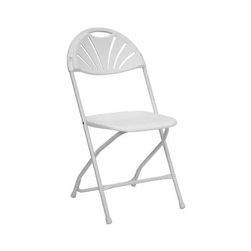 Fanback Folding Chair, White Plastic, Metal Frame