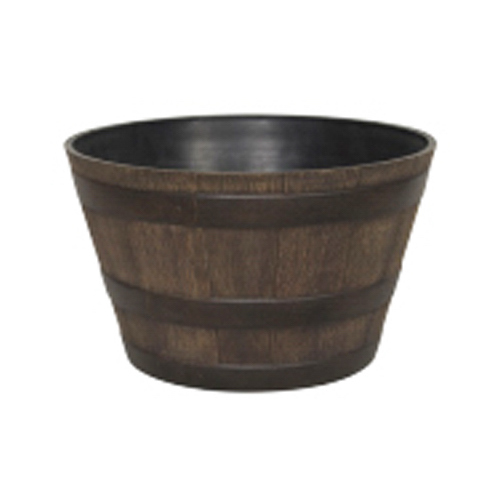 Planter, 15.4 in W, 15.4 in D, Whiskey Barrel Design, Resin, Kentucky Walnut