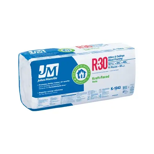 Johns Manville K1243 R30 Kraft Batt Fiberglass Insulation, 88 Sq. Ft. Coverage, 10.25 x 24 x 48-In.