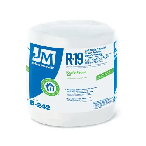 R19 Kraft Faced Fiberglass, 75.07-Sq.-Ft. Coverage, 6.5 x 23-In. x 39' 2" Roll