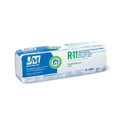 Johns Manville K1254 R11 Kraft Batt Fiberglass Insulation, 155 Sq. Ft. Coverage, 3.5 x 15 x 93-In.