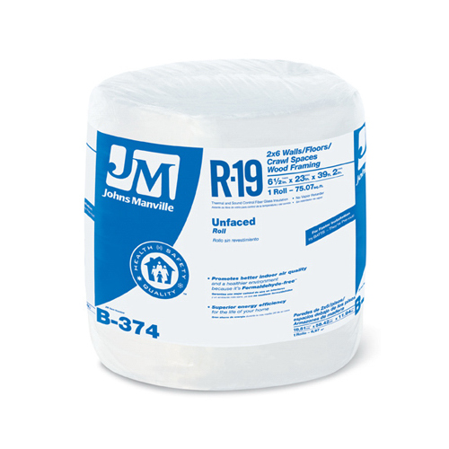 Johns Manville B374 R19 Unfaced Fiberglass Insulation, 75.07 Sq. Ft. Coverage, 5.5 x 23-In. x 39' 2-In. Roll