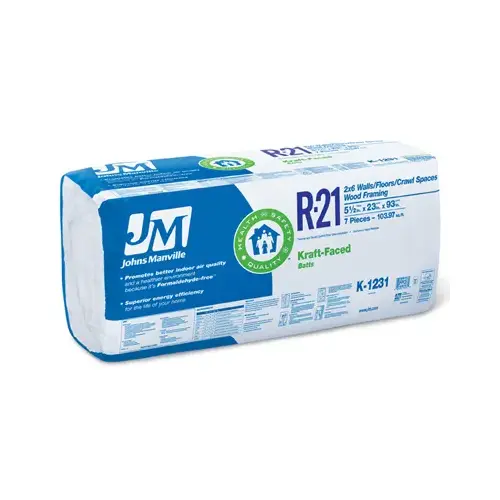 Johns Manville K1231 Kraft Faced Batt Insulation, R21, 23 x 93-In.