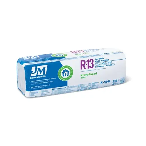 Johns Manville K1241 R13 Kraft Faced Batt Insulation, 106.5-Sq. Ft. Coverage, 15 x 93-In.