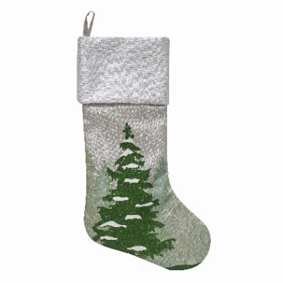 DYNO SEASONAL SOLUTIONS 1209747-1 Christmas Stocking, Tree Print, Gray/White Faux Linen, 20 In.