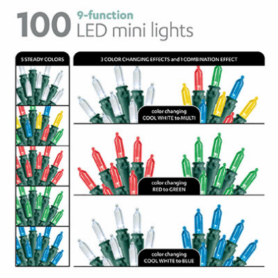 INLITEN LLC-IMPORT 45190-88 Multi-Function Christmas LED Color Sync Mini String Light Set, White/RGB, 100 Lights