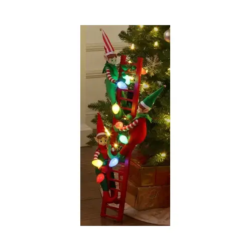 Tree Trimmers Christmas Decoration, 3 Elves on Ladder with LED Lights, Battery Operated