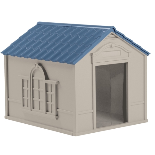 Suncast DH350 Dog House, 38-1/2 in OAL, 33 in OAW, 32 in OAH, Resin, Blue/Taupe