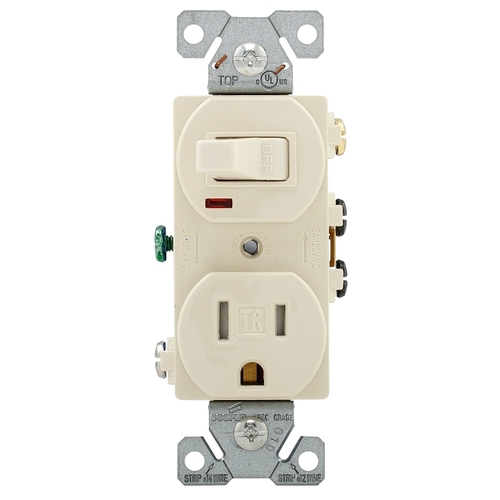 Combination Switch/Receptacle, 2 -Pole, 15 A, 120 V Switch, 125 V Receptacle Light Almond