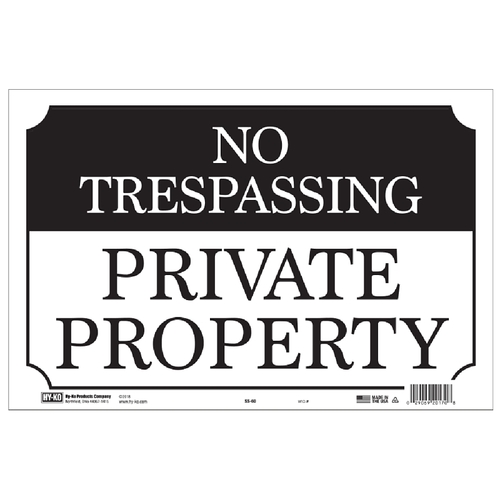 Property Sign, NO TRESPASSING PRIVATE PROPERTY, Black/White Legend, Black/White Background, Aluminum - pack of 12