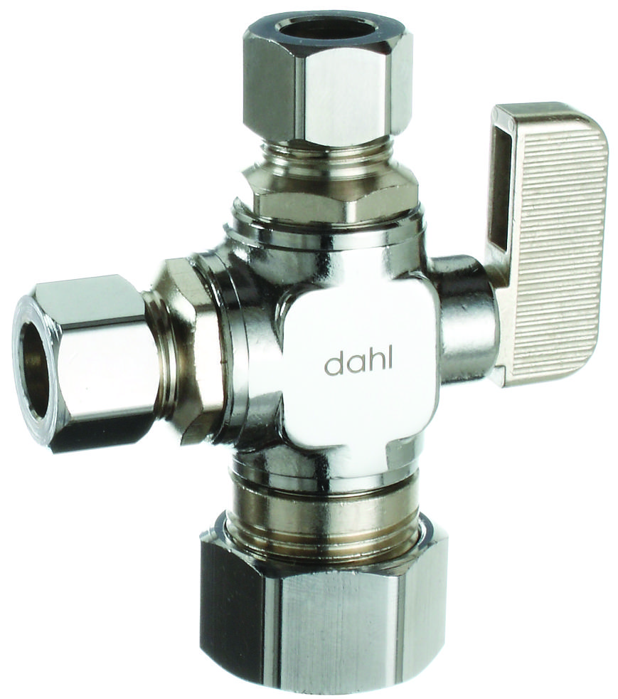 Dahl Brothers 511-33-31-31 Ball Valve, 5/8 x 3/8 x 3/8 in Connection, Compression, Manual Actuator, Brass Body Chrome