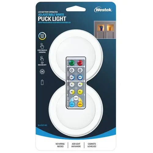 Westek BL-PCCT-W2 Adjustable Puck Light, AA Battery, LED Lamp, 80 Lumens, 3000, 4000, 5000 K Color Temp, White - pack of 2
