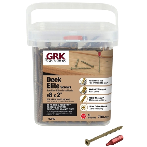 GRK Fasteners 10803/10802 ELITE 10802 Deck Screw, #8 Thread, 2 in L, Coarse, W-Cut Thread, Bugle Head, Star Drive, Steel, Polymer - pack of 540