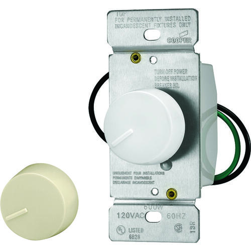 Eaton RI061-VW-K2 Rotary Dimmer, 120 V, 600 W, Halogen, Incandescent Lamp, Single-Pole, Ivory/White