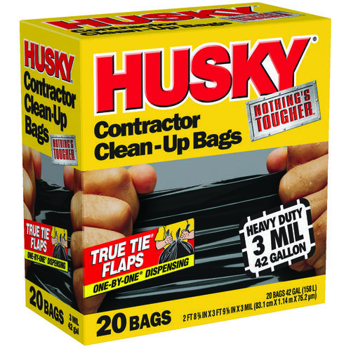 Husky HK42WC020B Contractor Clean-Up Bag, 42 gal Capacity, Polyethylene, Black - pack of 20