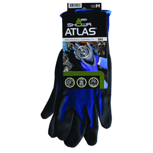 Lightweight Coated Gloves, M, 8-21/32 to 10-15/64 in L, Elastic Cuff, Nitrile Foam Coating, Black/Blue Pair