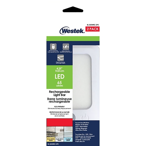 Westek BL-BAR4RC-2PK Rechargeable Bar Light, 5 V, Lithium-Ion Battery, LED Lamp, 60, 65, 60 Lumens, White - pack of 2