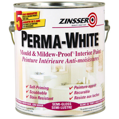 Zinsser Z02762 PERMA-WHITE Interior Paint, Semi-Gloss, White, 3.7 L