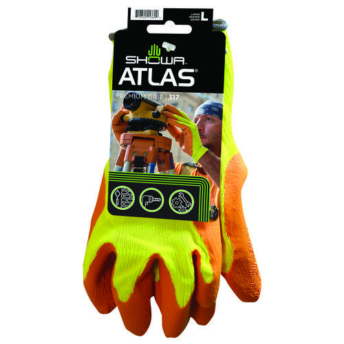Atlas 317L-09.RT High-Visibility Coated Gloves, L, Knit Wrist Cuff, Fluorescent Yellow/Orange