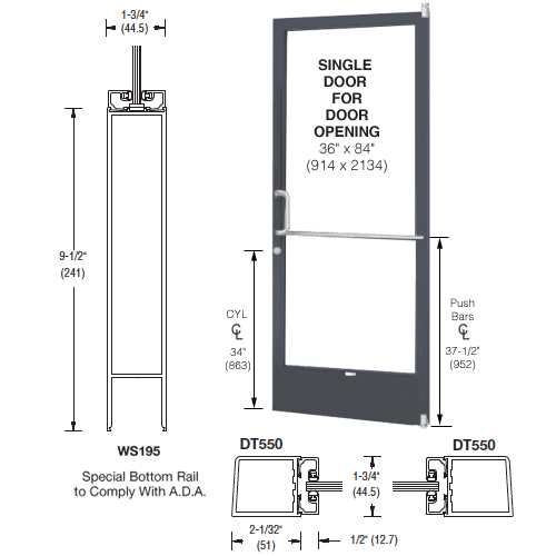 Bronze Black Anodized 250 Series Narrow Stile (RHR) HRSO Single 3'0 x 7'0 Offset Hung with Pivots for Surface Mount Closer Complete ADA Door, Lock Indicator, Cylinder Guard - for 1/4" Glazing