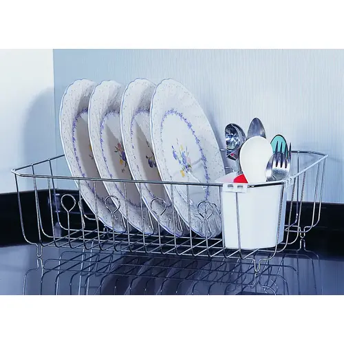 Dish Drainer with Cutlery Basket, 20 lb Capacity, 18 in L, 13-1/2 in W, 5-1/2 in H, Steel Silver