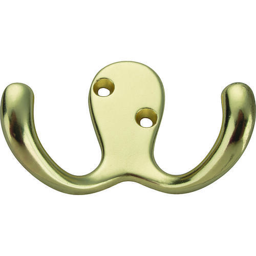 Coat and Hat Hook, 22 lb, 2-Hook, 7/8 in Opening, Zinc, Polished Brass