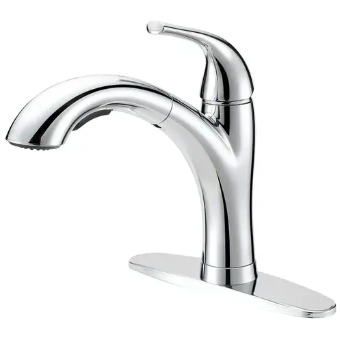 Pull-Out Kitchen Faucet, 1.8 gpm, 1-Faucet Handle, 1, 3-Faucet Hole, Metal/Plastic, Chrome